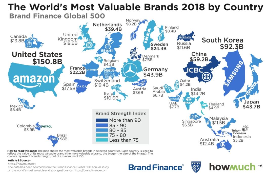 Mapa marcas más valiosas del mundo (2018)
