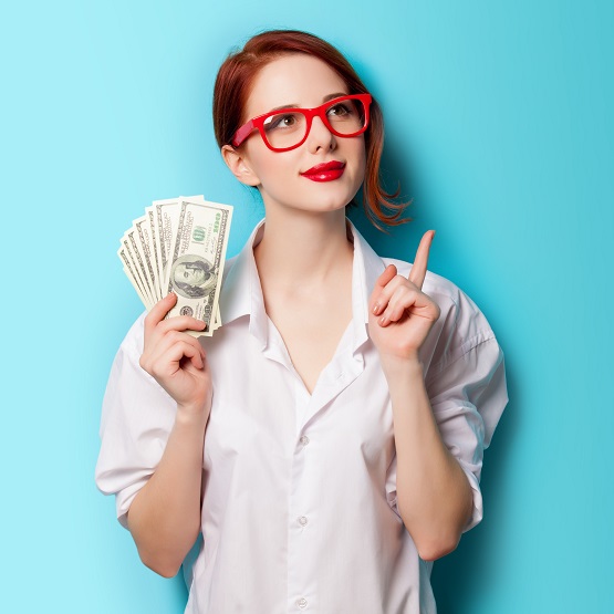 Portrait,Of,Redhead,Women,In,Red,Glasses,With,Money,On
