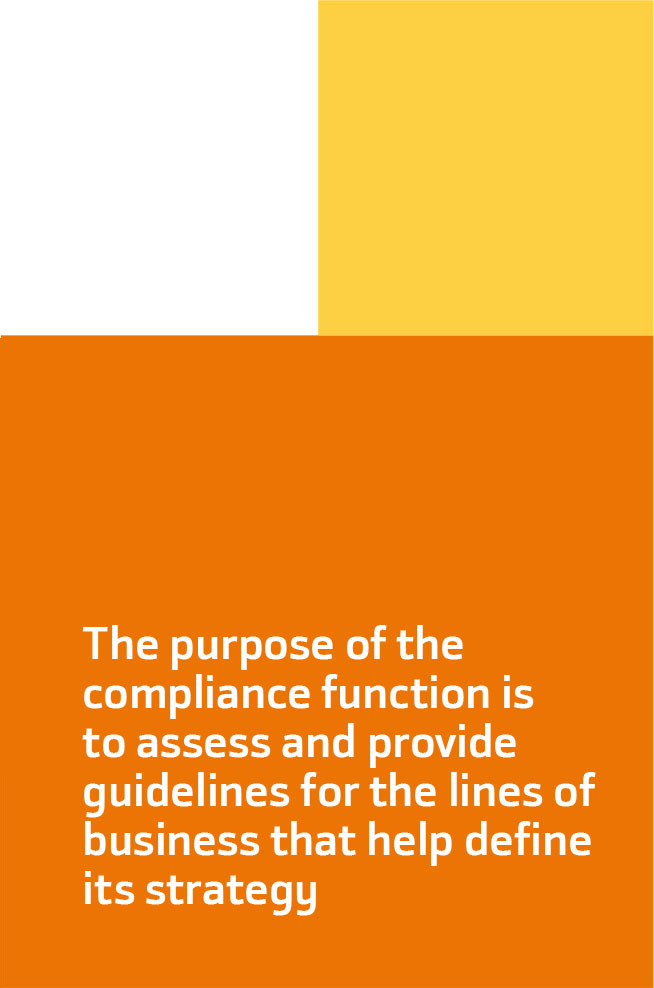 The purpose of the compliance function is to assess and provide guidelines for the lines of business that help define its strategy