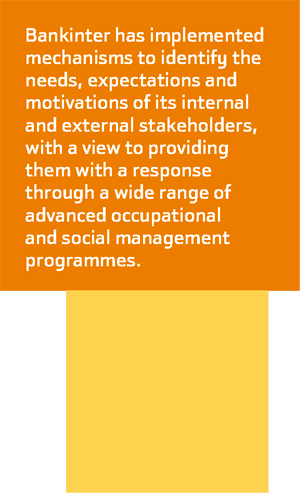 Bankinter has implemented mechanisms to identify the needs, expectations and motivations of its internal and external stakeholders, with a view to providing them with a response through a wide range of advanced occupational and social management programmes.